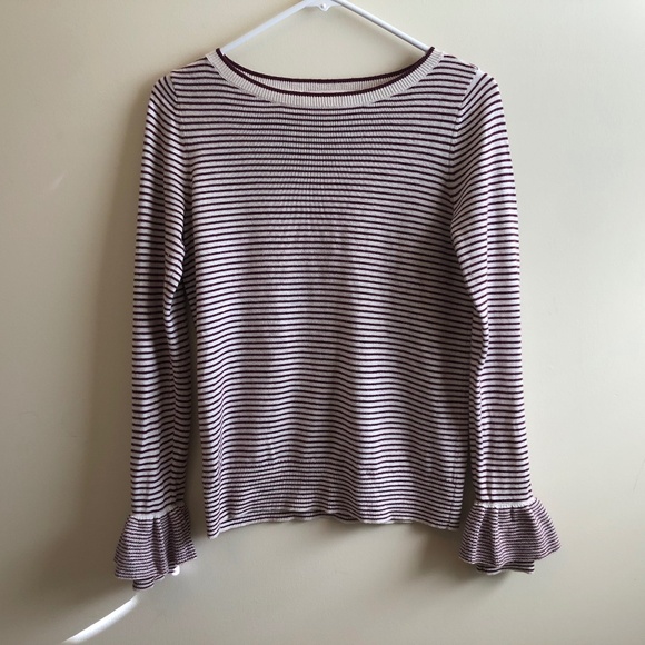 Maroon and white striped LOFT sweater with small bell sleeves - Picture 1 of 6